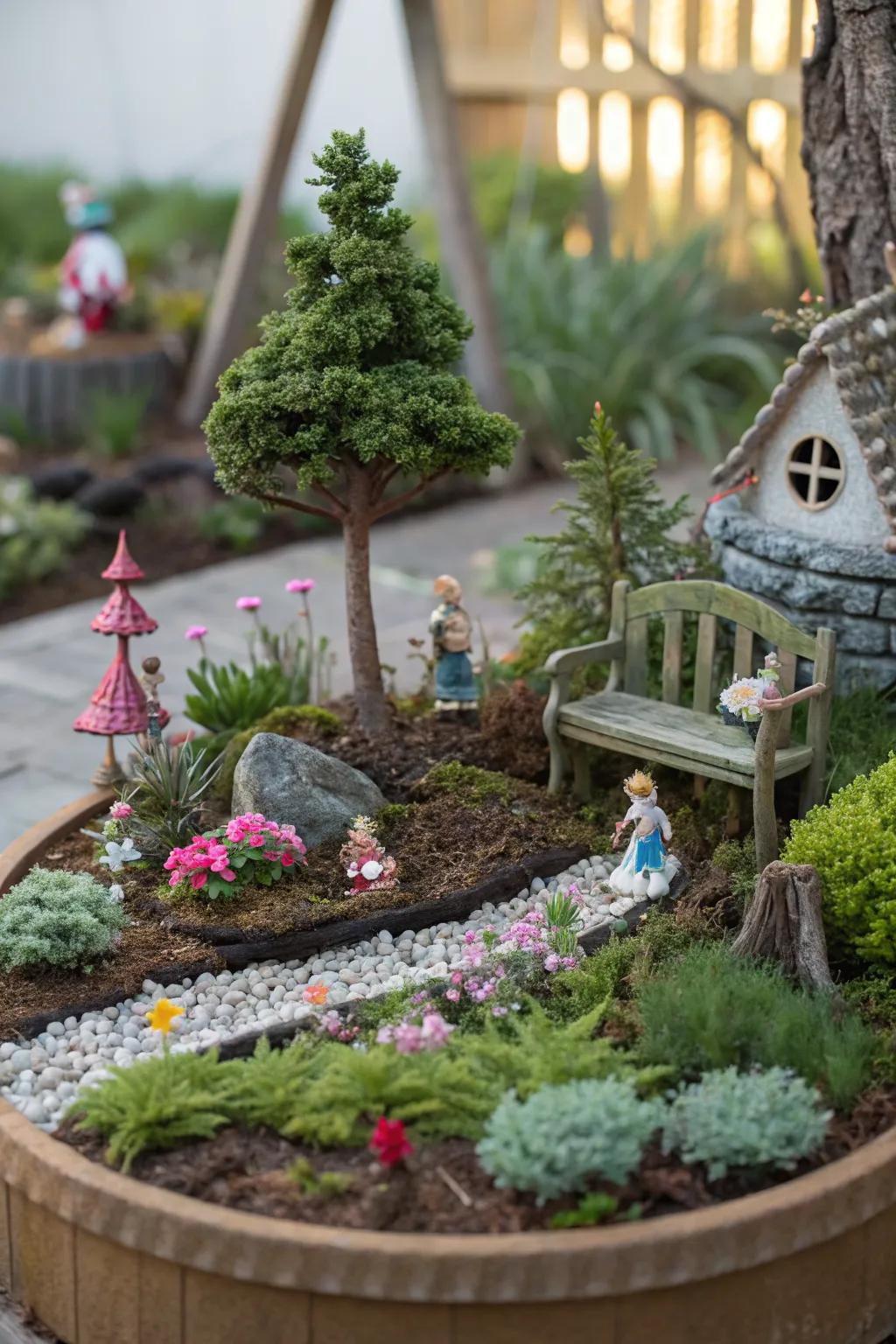 An enchanting miniature fairy garden nestled among plants.