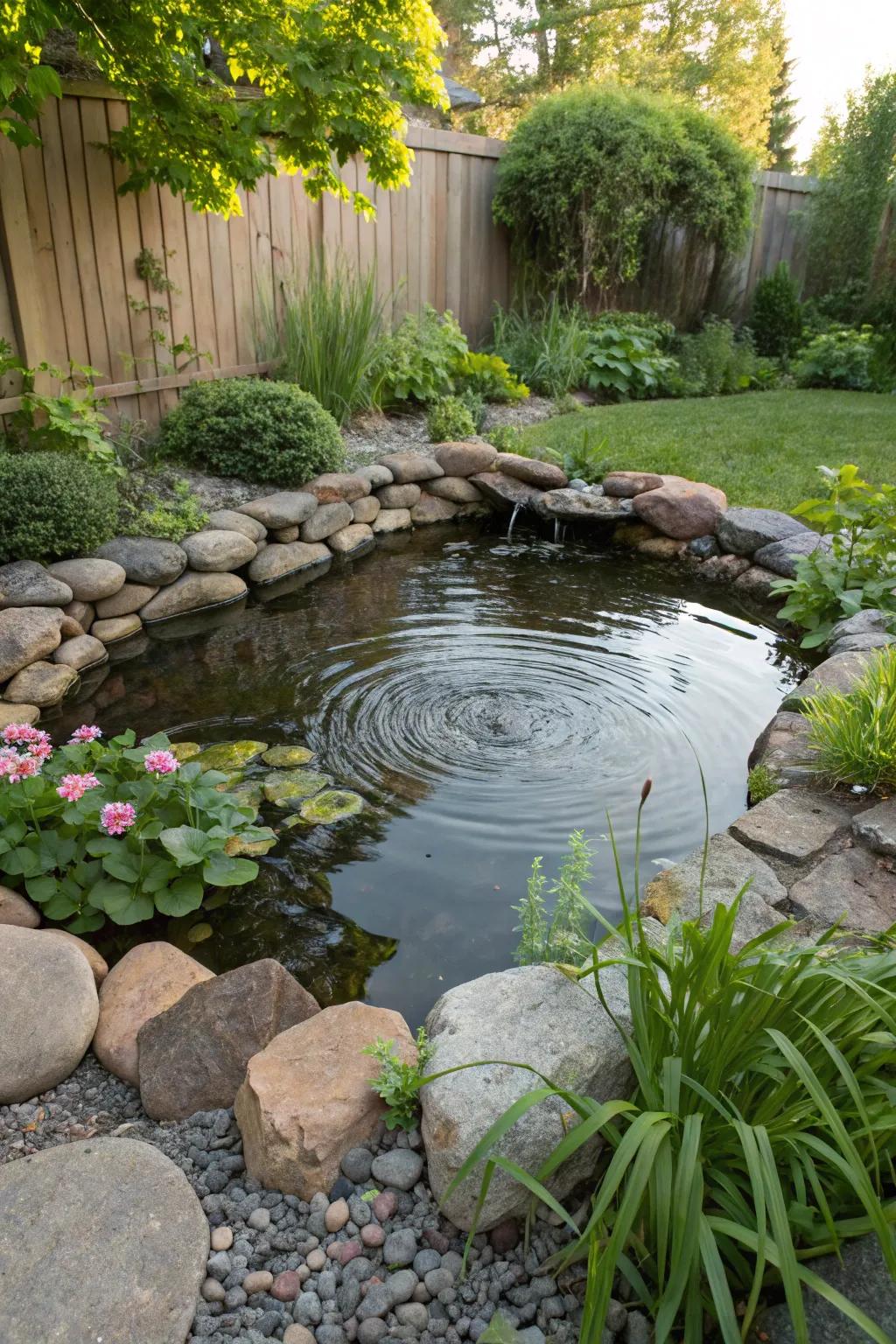 A peaceful garden pond surrounded by natural elements.