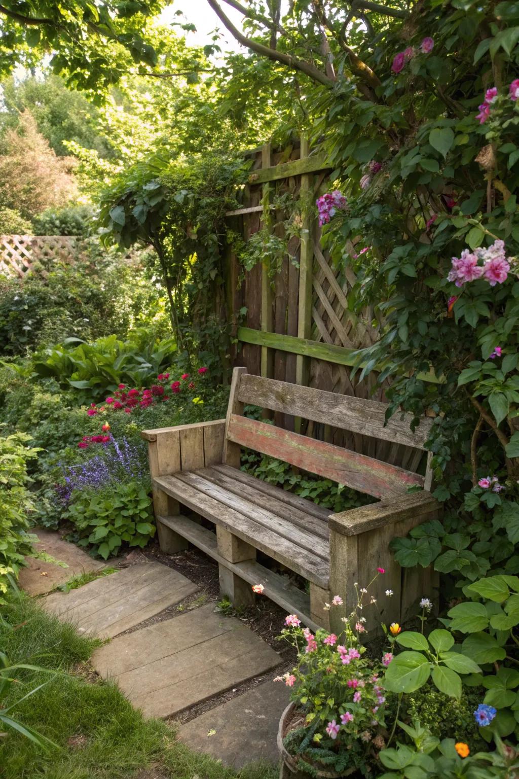 A rustic garden bench made from pallets offers a cozy resting spot.