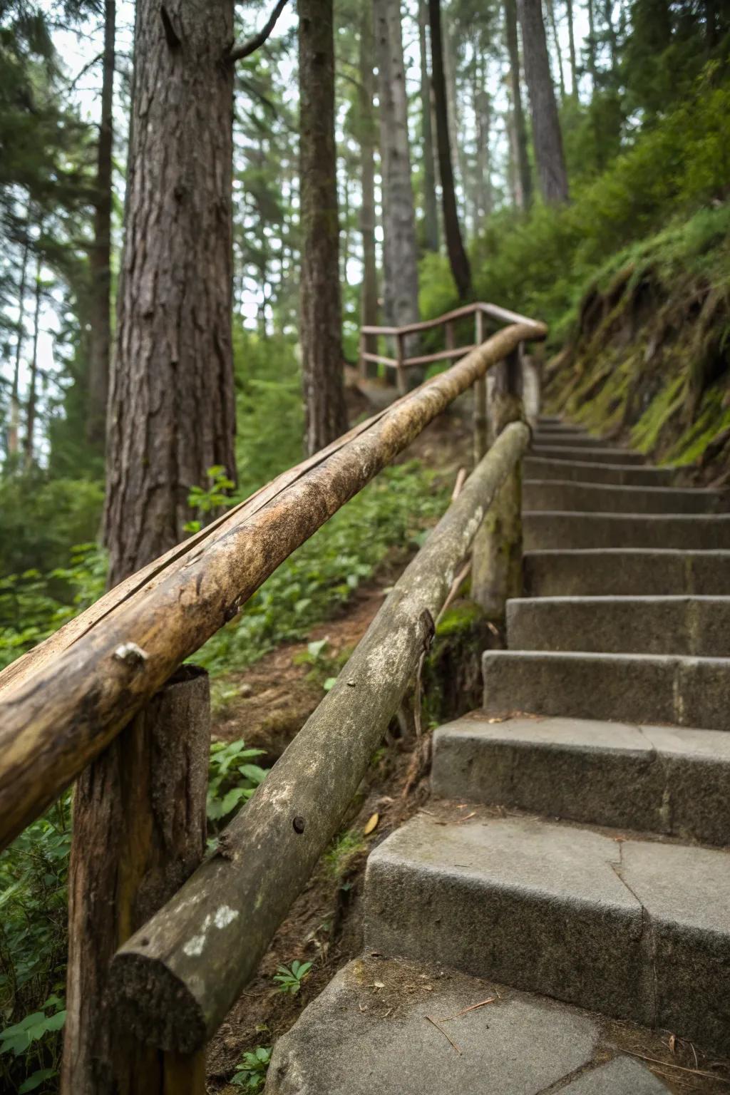 A log handrail brings a natural, woodland feel to these concrete steps.