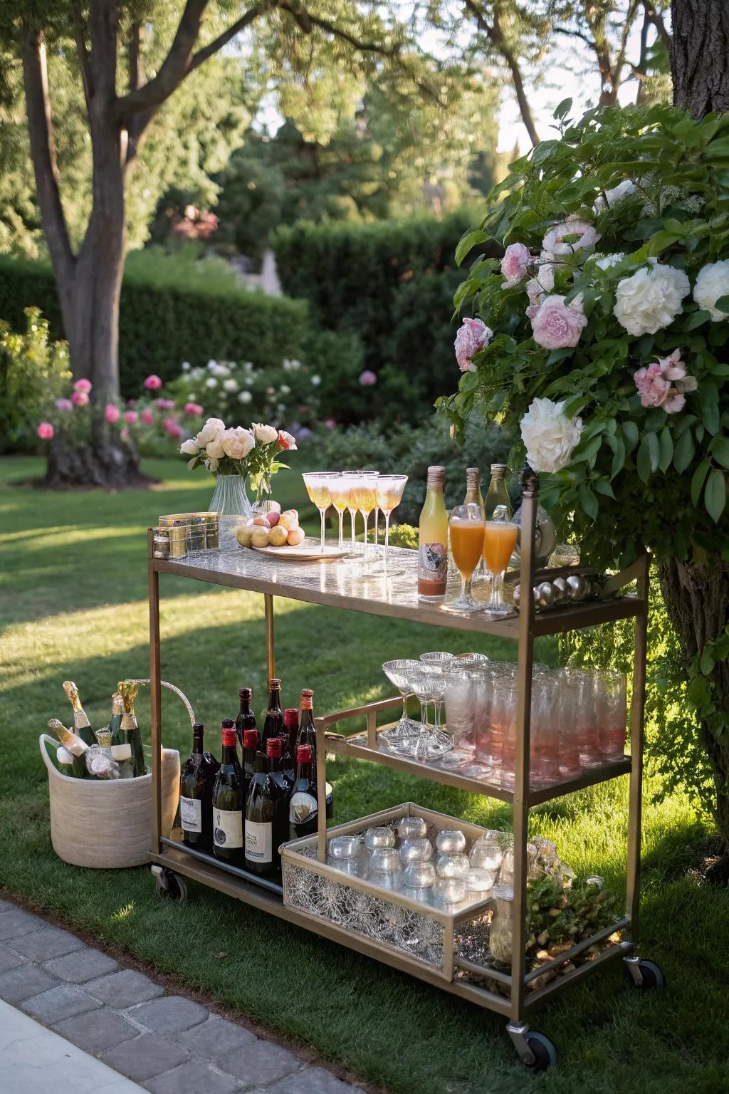 An outdoor bar cart is perfect for entertaining.