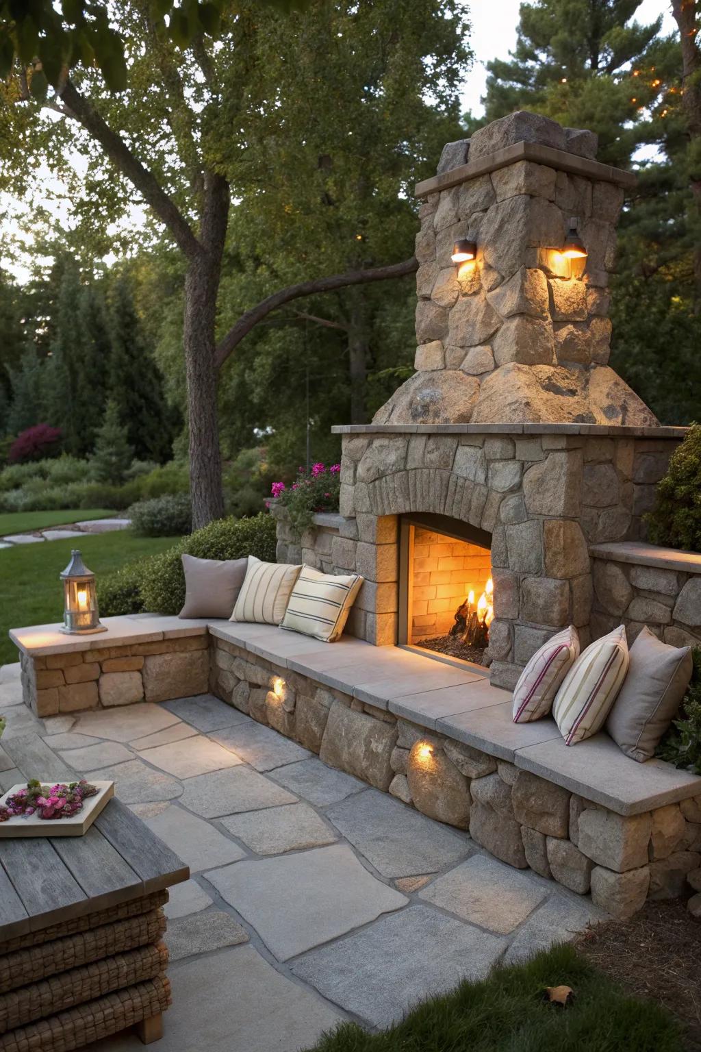 Built-in seating transforms a fireplace into a cozy gathering spot.