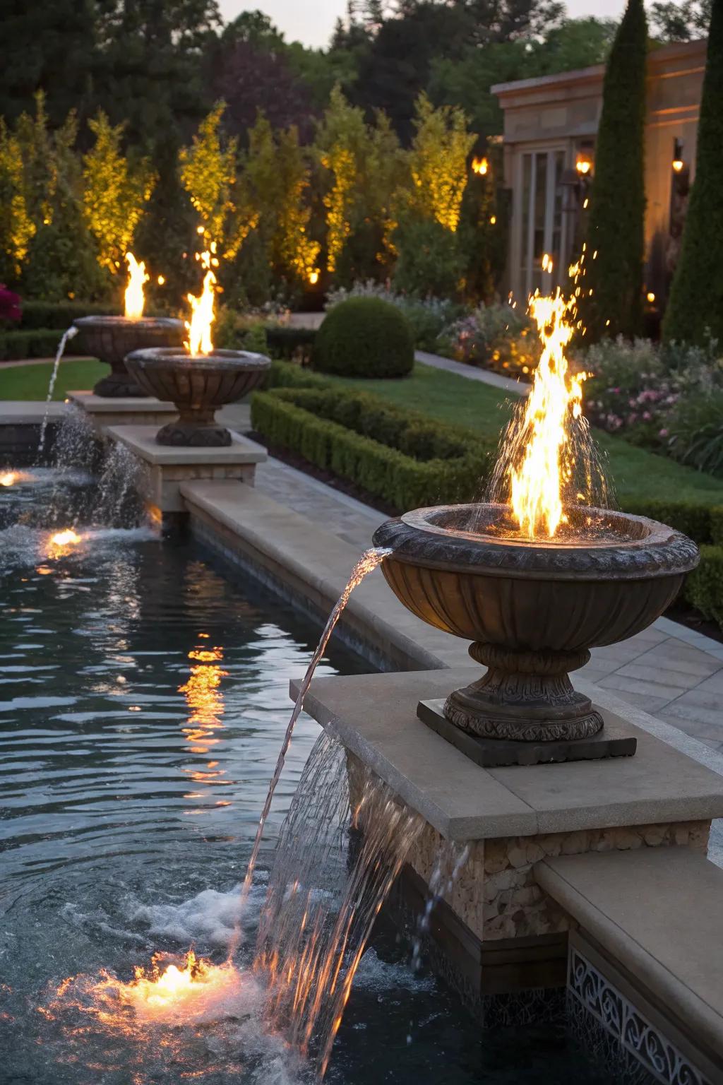 A pool that beautifully combines fire and water features for dramatic effect.