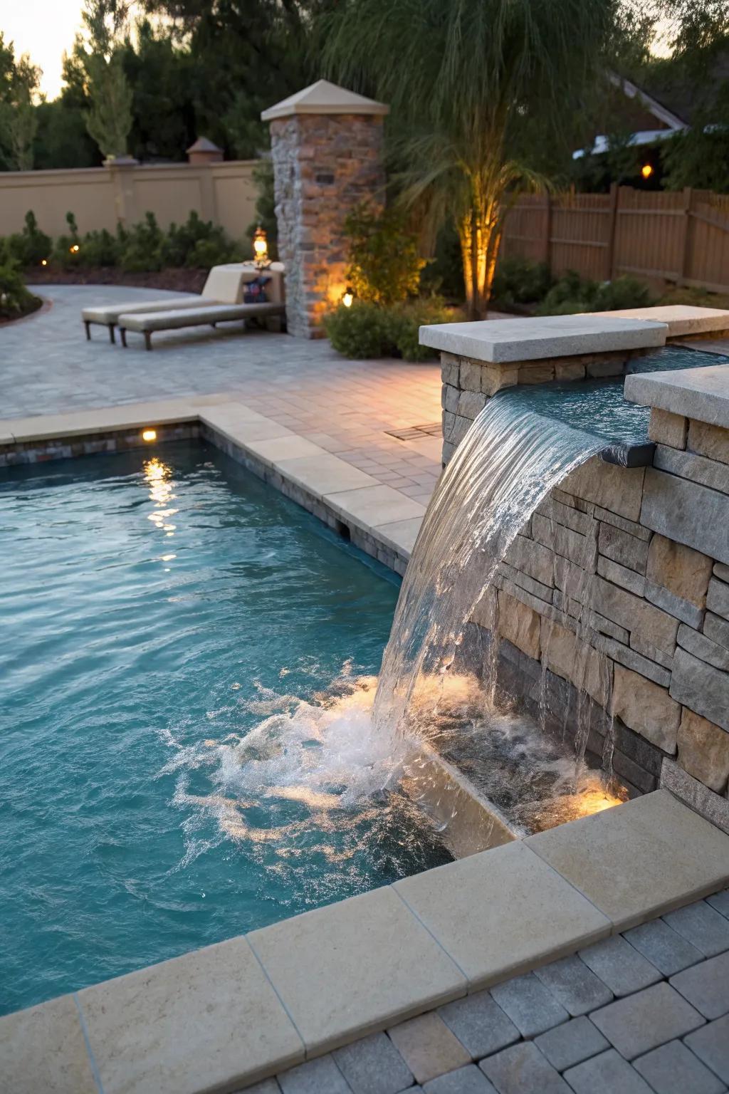 A spa spillway elegantly connects the spa and pool.