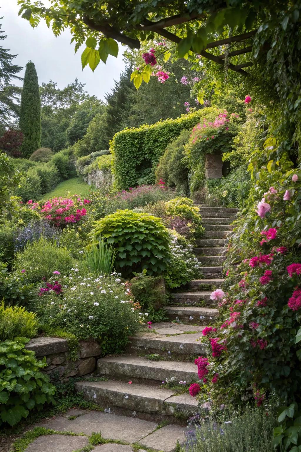 Hidden tiers beneath cascading plants in a magical garden setting.