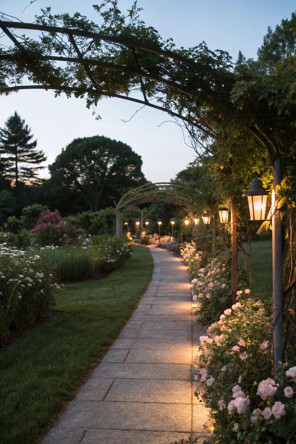 Solar lights cast a warm glow along this enchanting garden path.