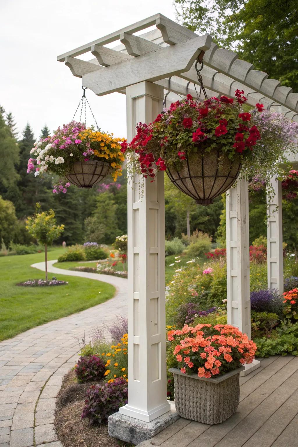 Floating planters on an arbor add vibrant, seasonal color to the garden.