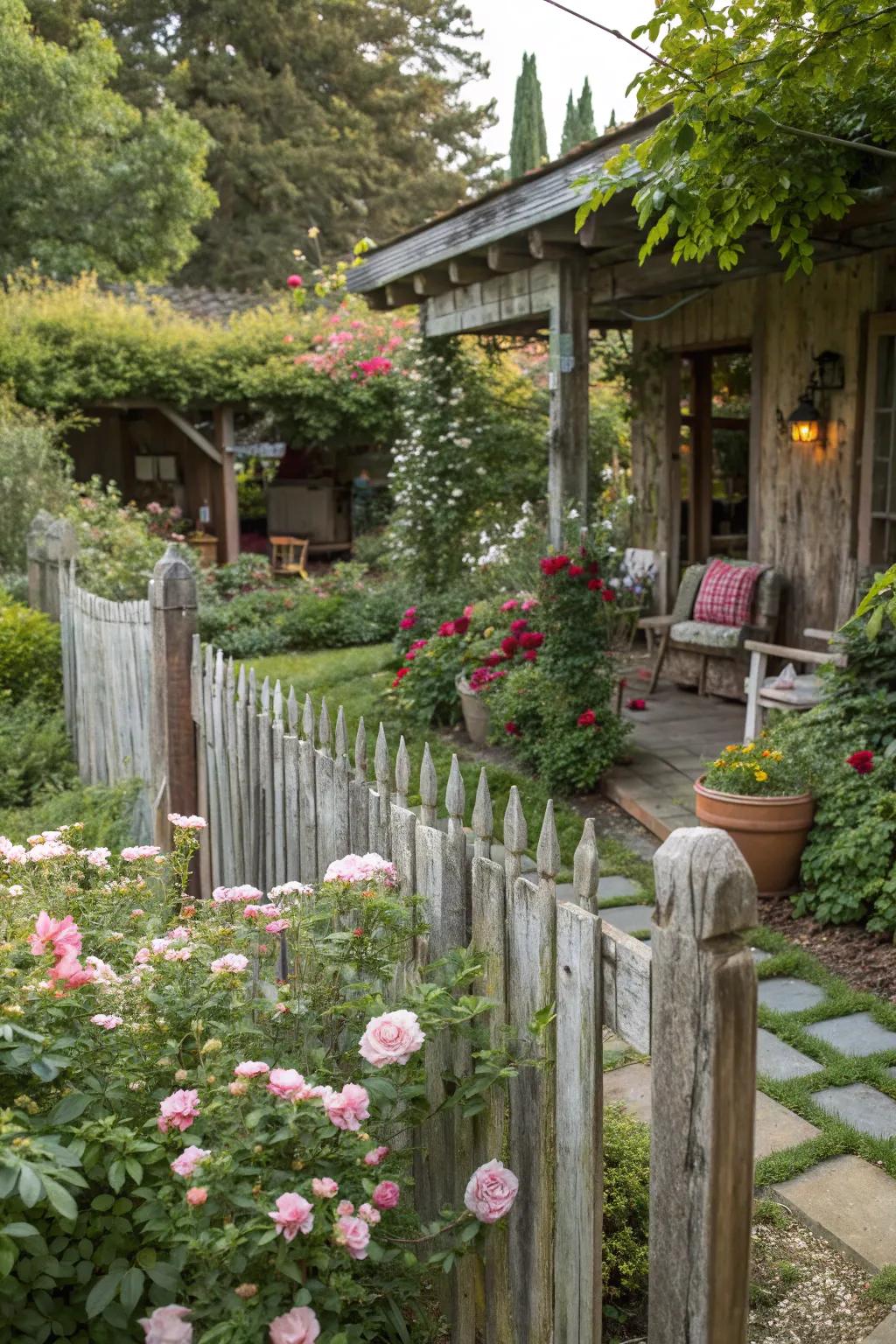 A rustic garden with a charming weathered wood slat fence.