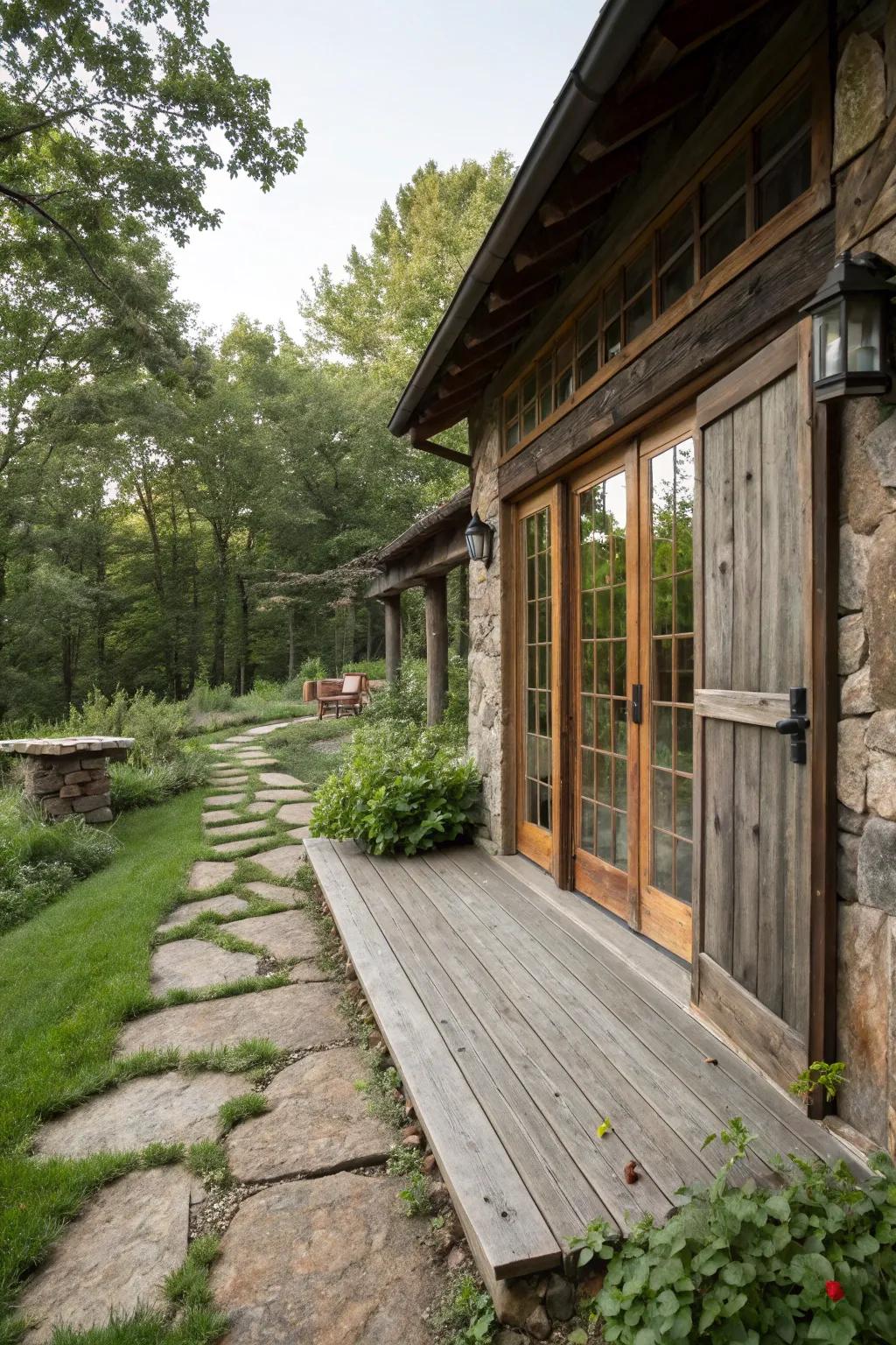 A rustic deck featuring stone and aged wood elements for an earthy, laid-back vibe.