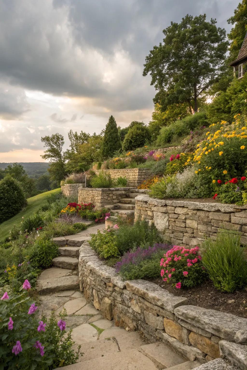 Retaining walls offer stability and planting opportunities on slopes.