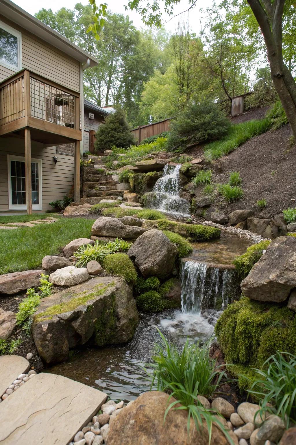 A serene waterfall adds tranquility to a sloped backyard.