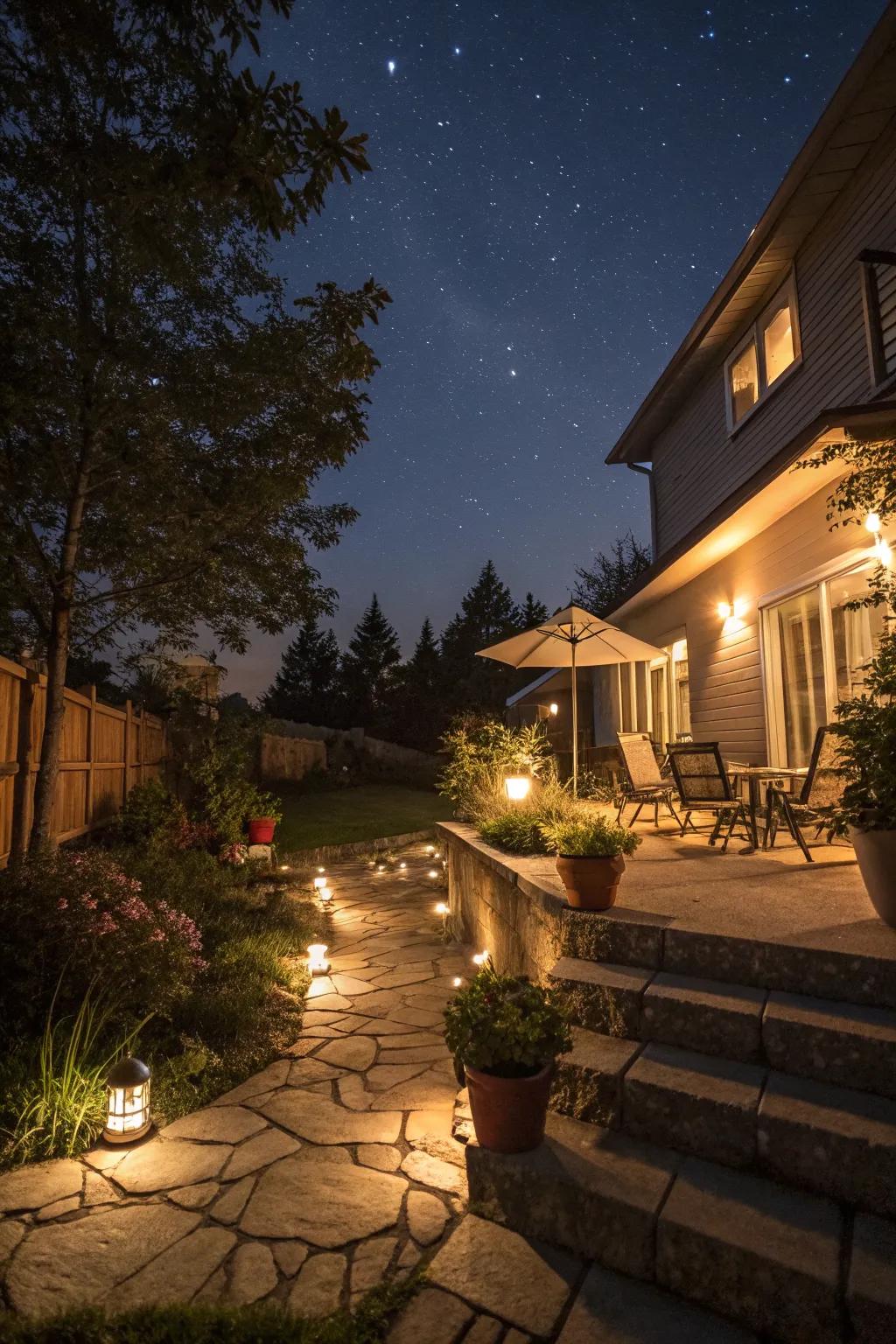 Magical ambient lighting transforming a sloped patio at night.