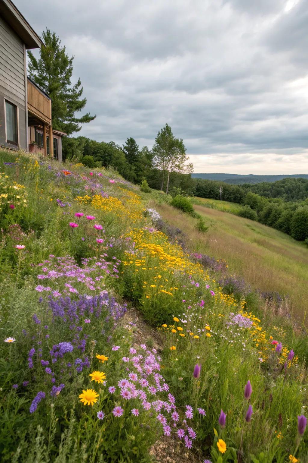 Wildflower meadows create a natural, colorful landscape on slopes.