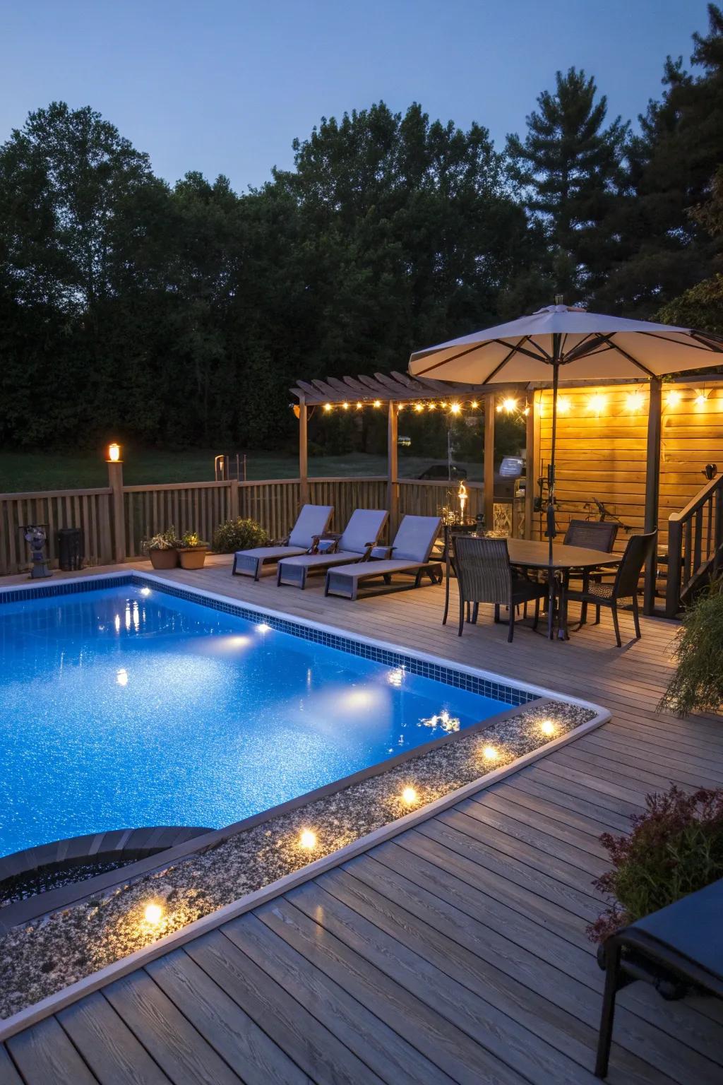 Creative lighting enhances the ambiance of pool decks at night.