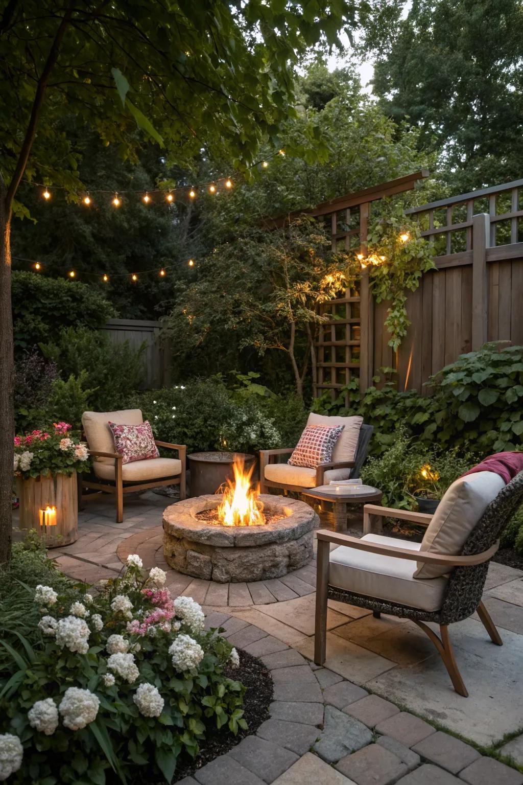 A cozy fire pit setup in a small garden.