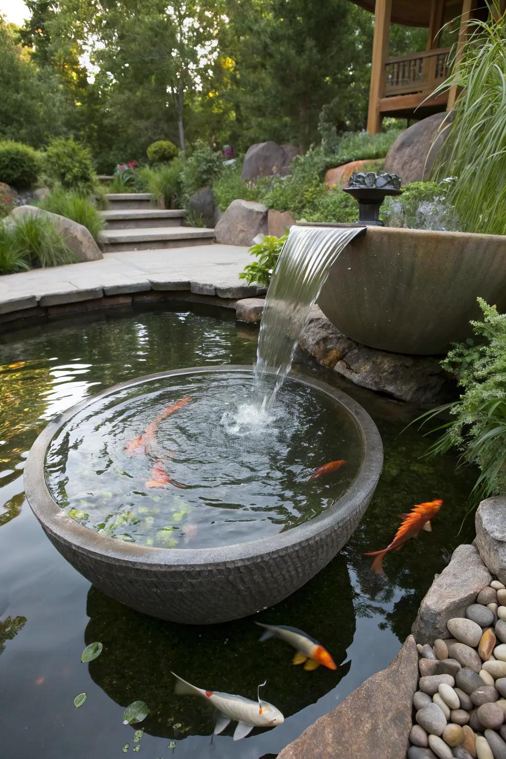 A spillway bowl adds modern elegance to your pond.