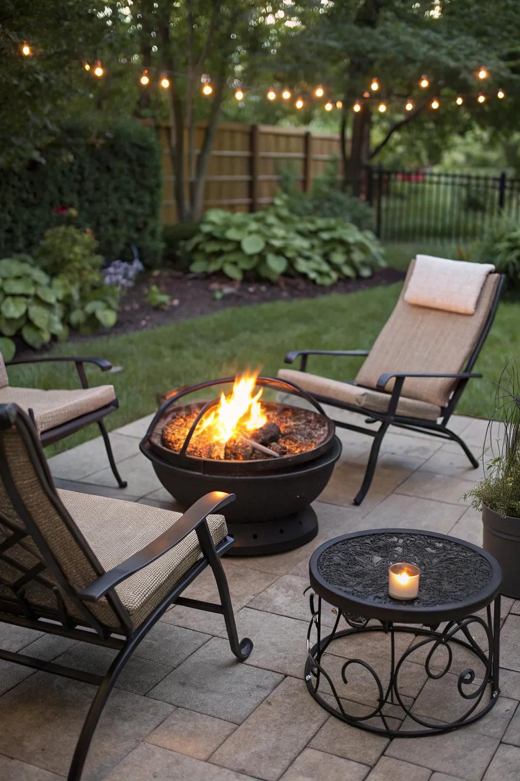 A laid-back vibe with a compact fire pit and lounge setup.