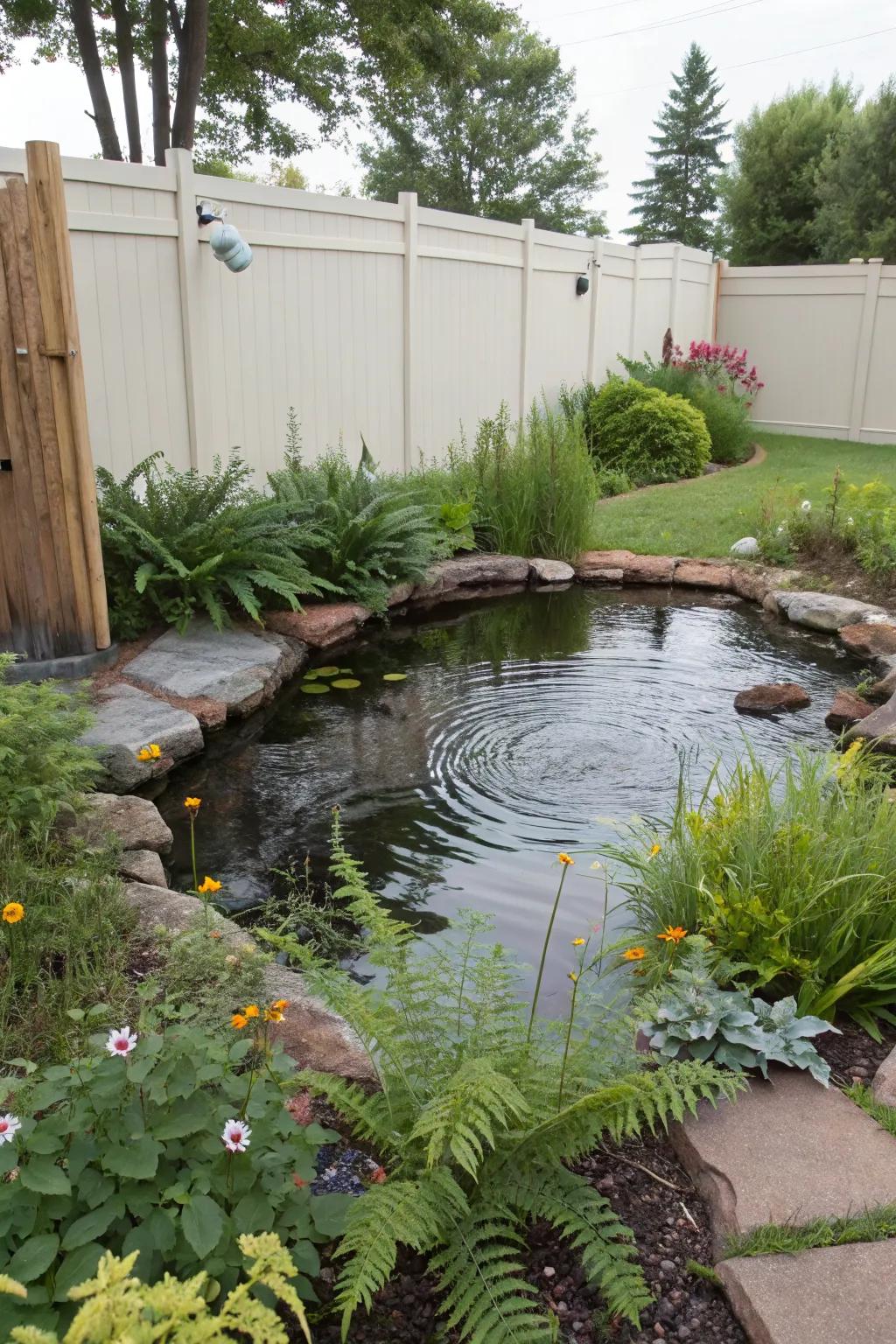 A backyard pond teeming with local wildlife and native plants.