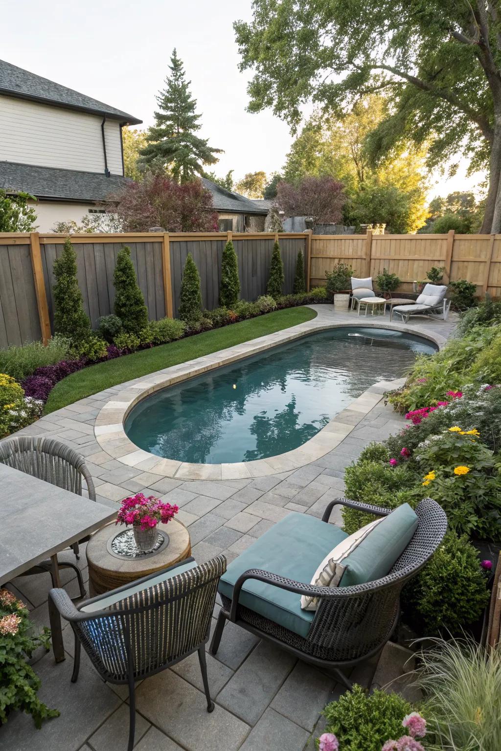 Unique pool shapes add interest and maximize space in a small backyard.