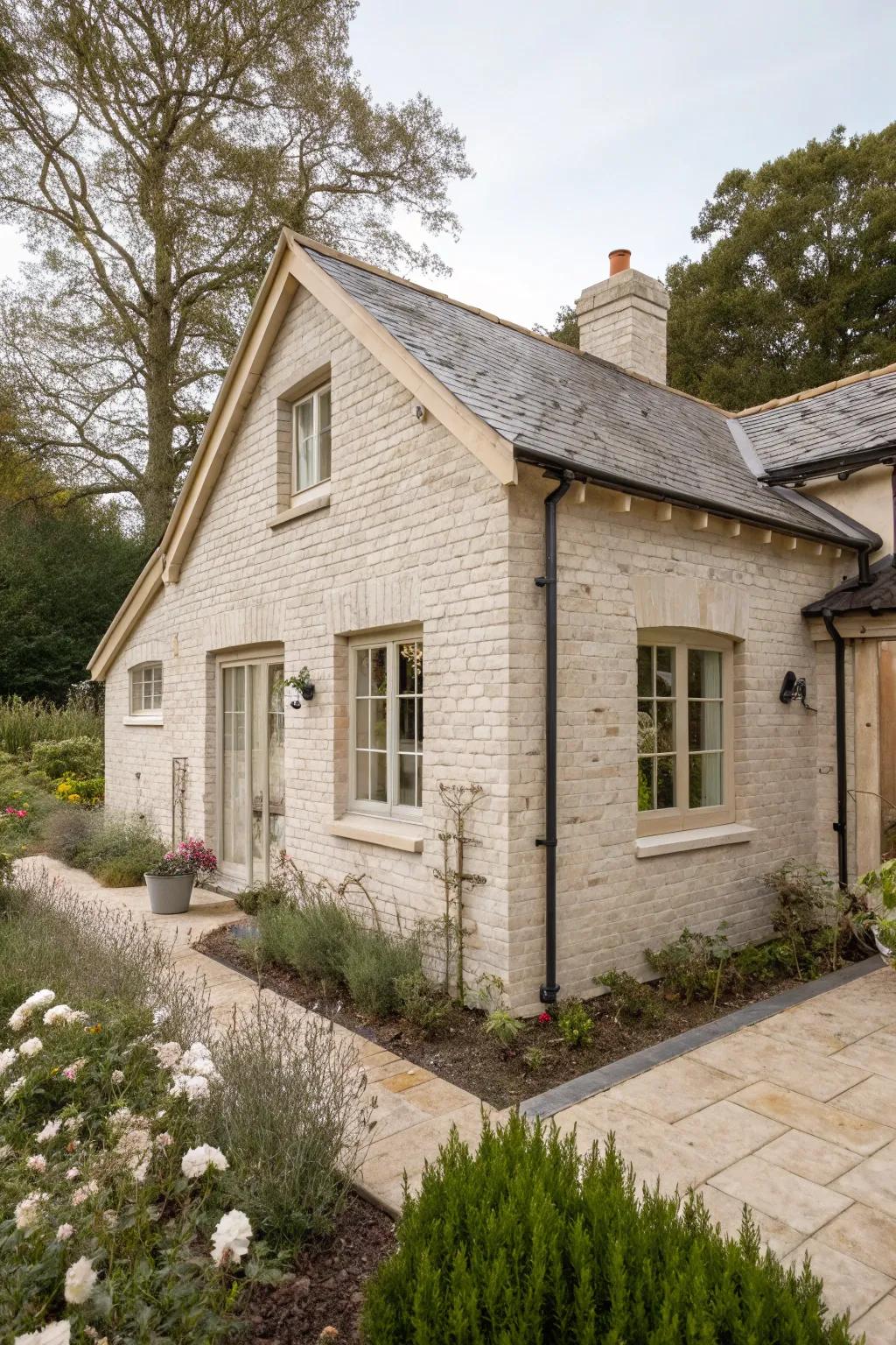 A small brick house featuring a gentle limewash finish for a rejuvenated look.