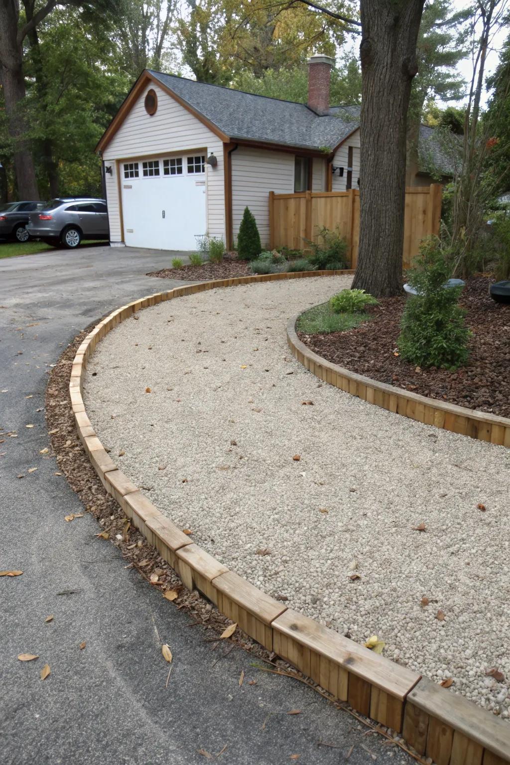 Pea gravel with wooden edging provides a laid-back, natural feel.