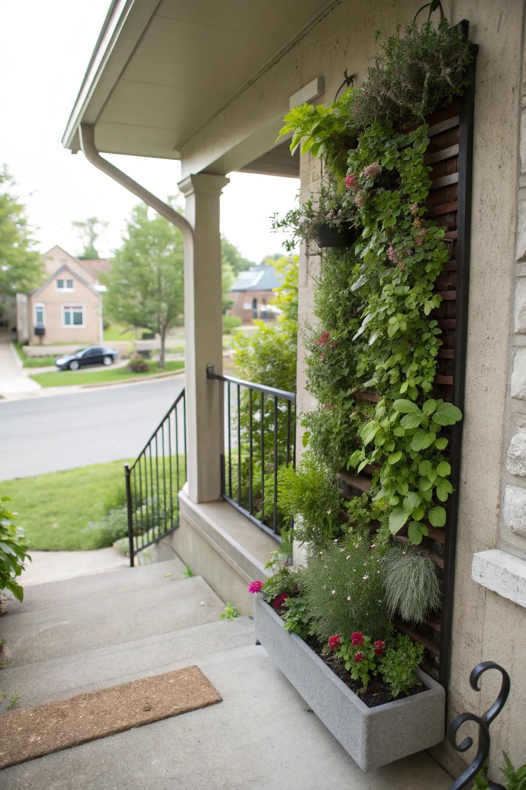 A small concrete porch with a wall-mounted vertical garden.
