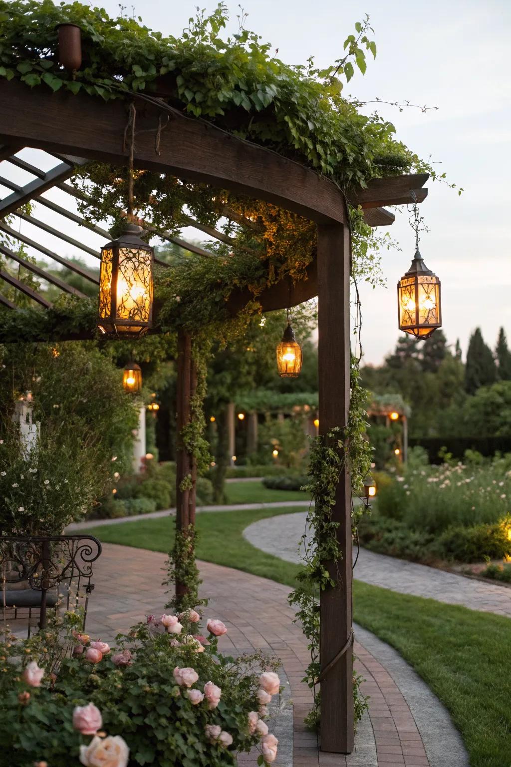 Hanging lanterns add a rustic charm to a pergola setting.