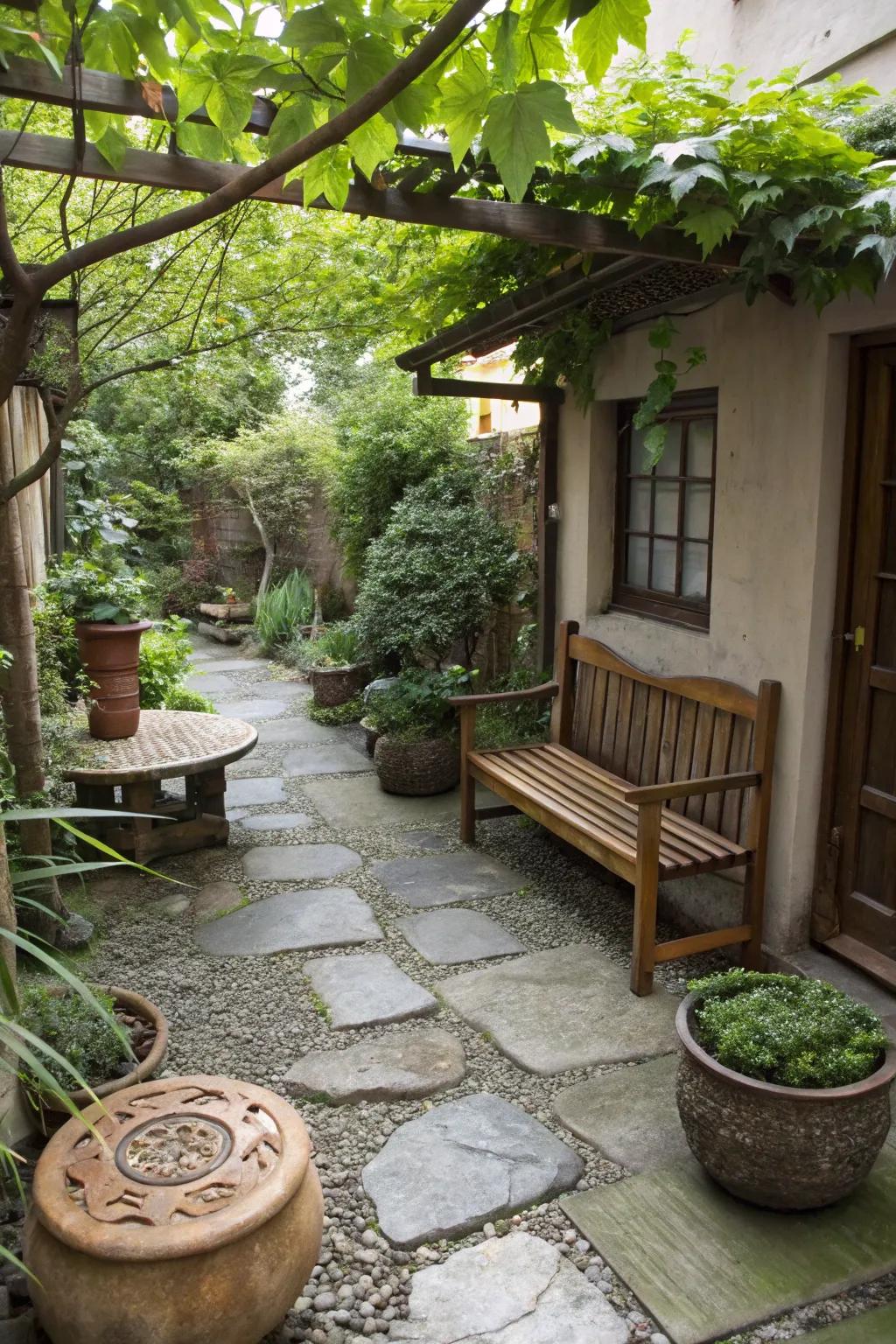 Natural materials add warmth to a small courtyard garden.