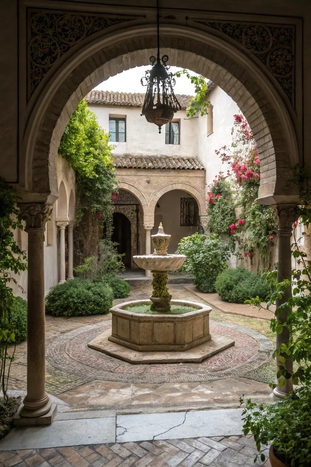 An elegant arch frames the fountain, adding architectural interest.