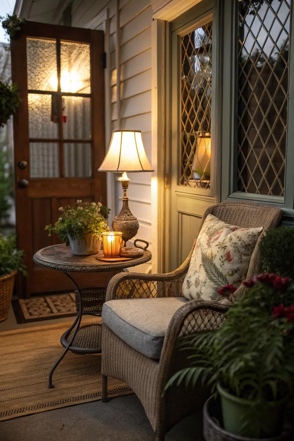 Soft lighting enhances the calming atmosphere on this porch.