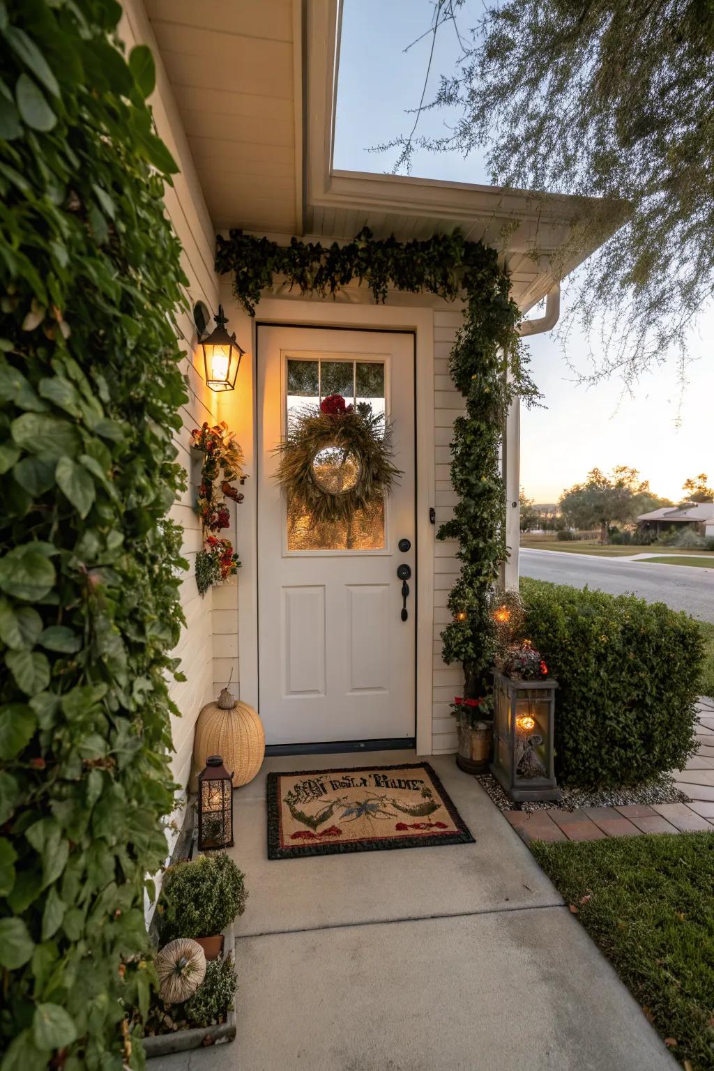 Seasonal decor keeps a small front door entrance fresh and dynamic.