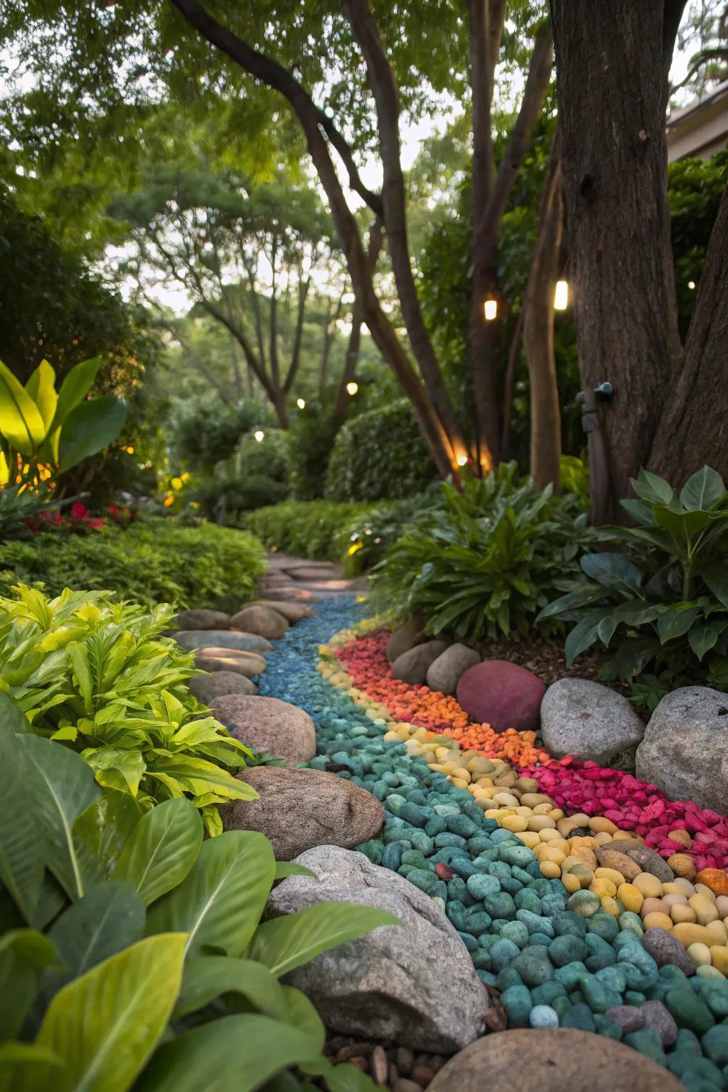 Vibrant pebbles add a splash of color and contrast.