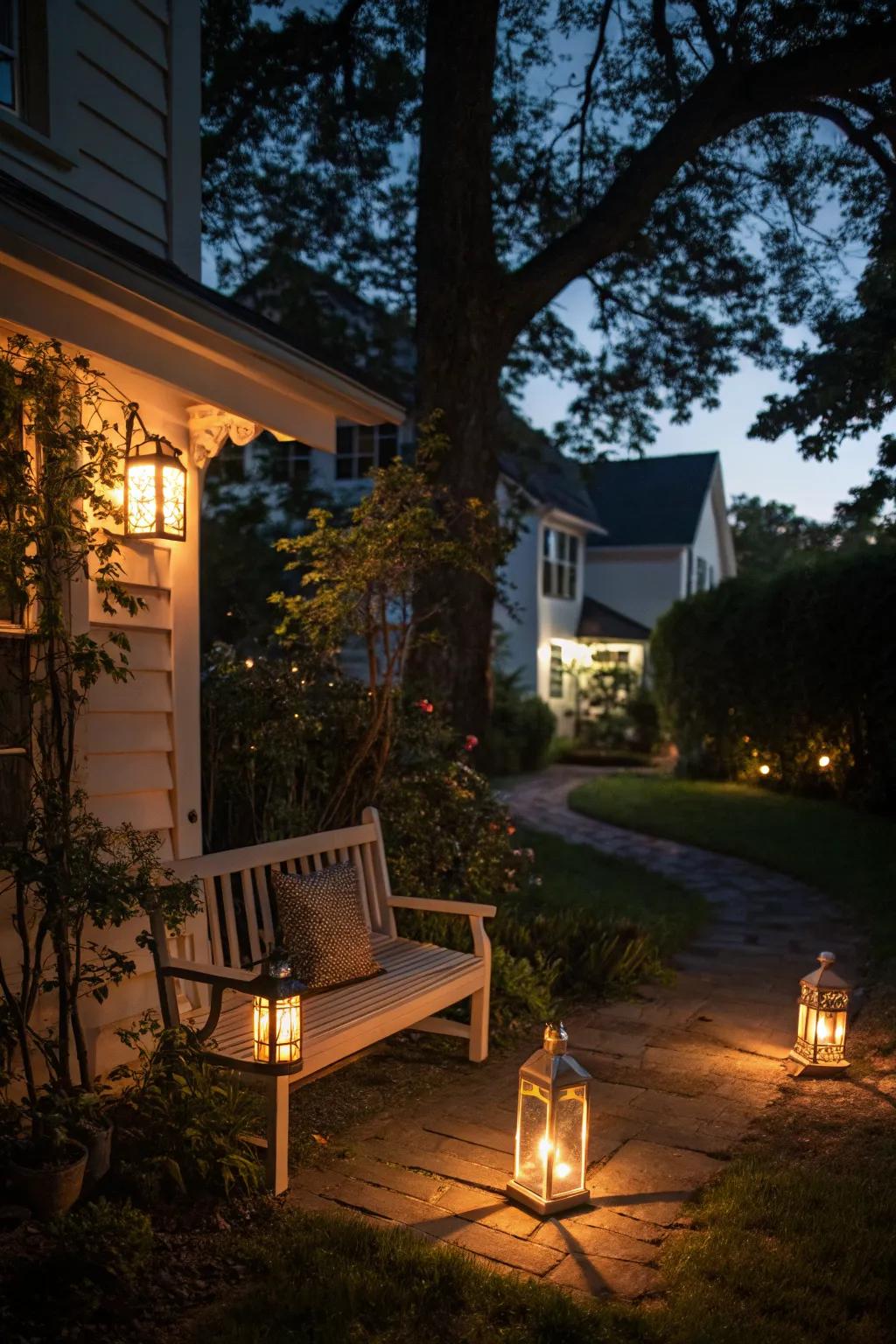 Lanterns create a warm and inviting evening glow on your porch.