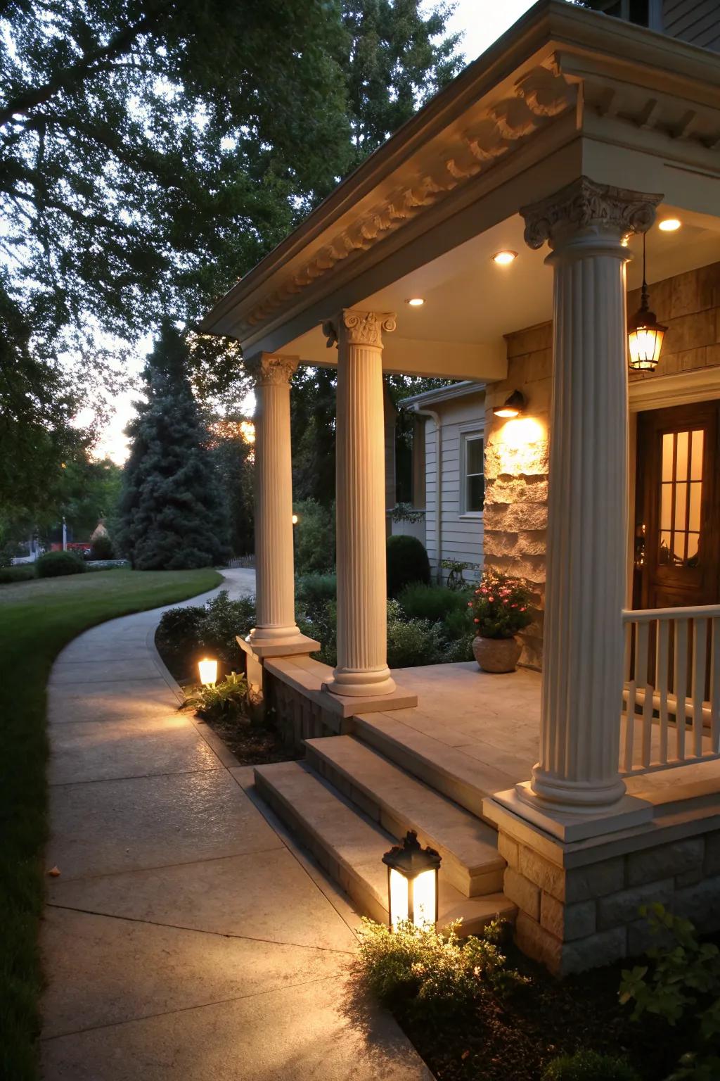 Columns with integrated lighting provide a welcoming glow to this charming porch.