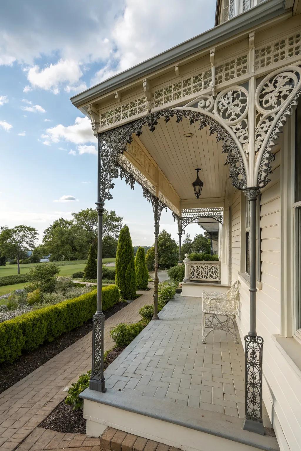 Ironwork overhang for vintage sophistication.