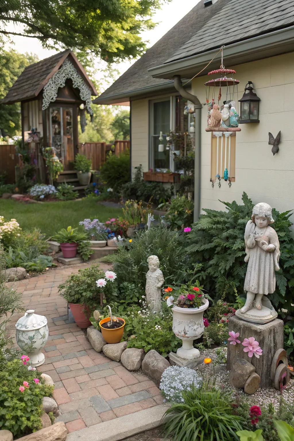 Subtle garden decor adds personality and charm to this lush setting.