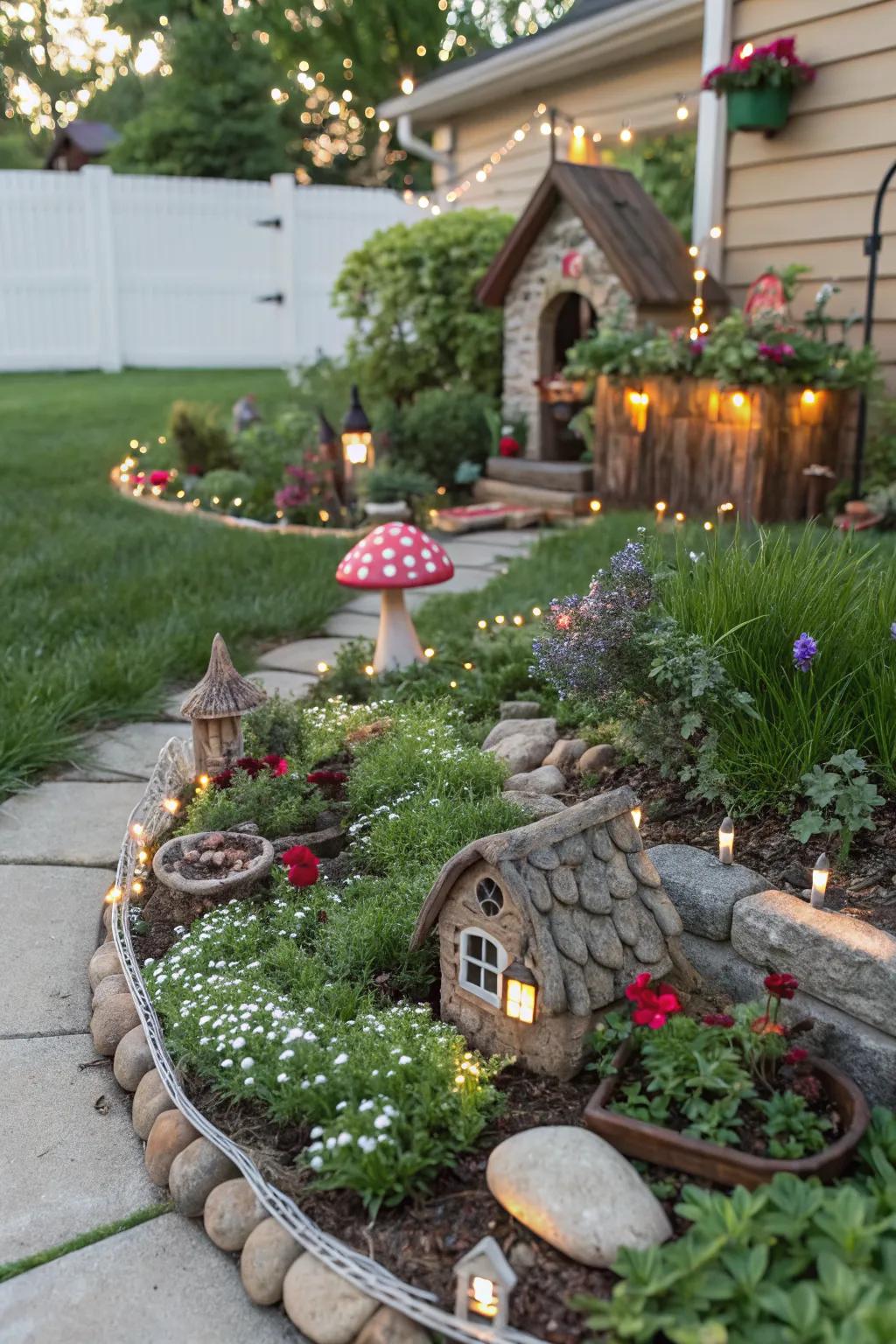 A magical fairy garden adds whimsy to a small front yard.