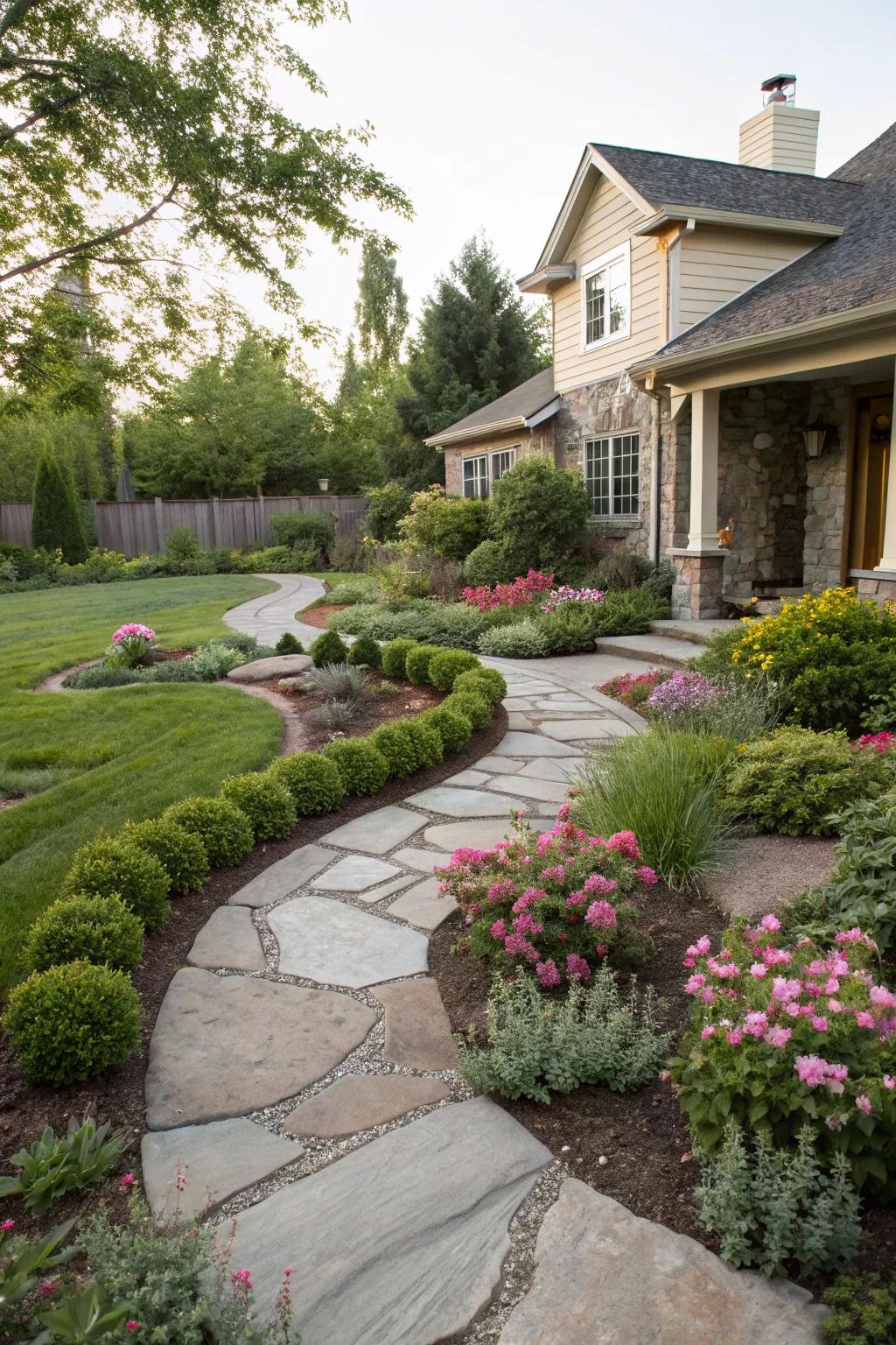 Curved lines with rocks create a dynamic flow in the yard.