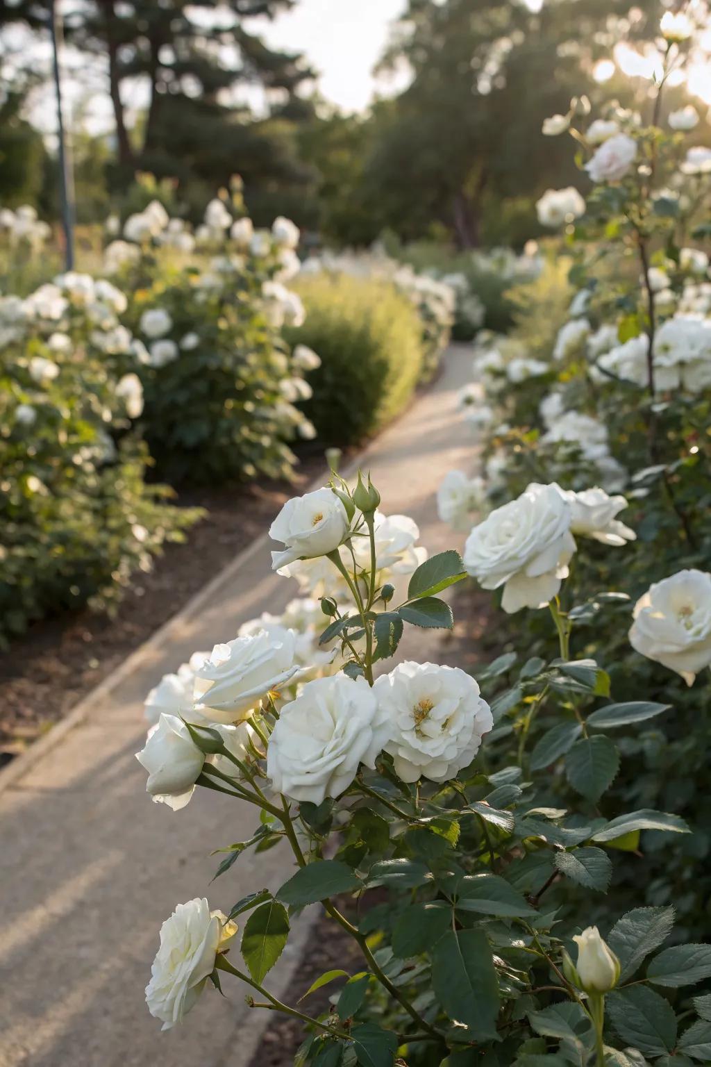 A sophisticated garden featuring exclusively white blooming roses.