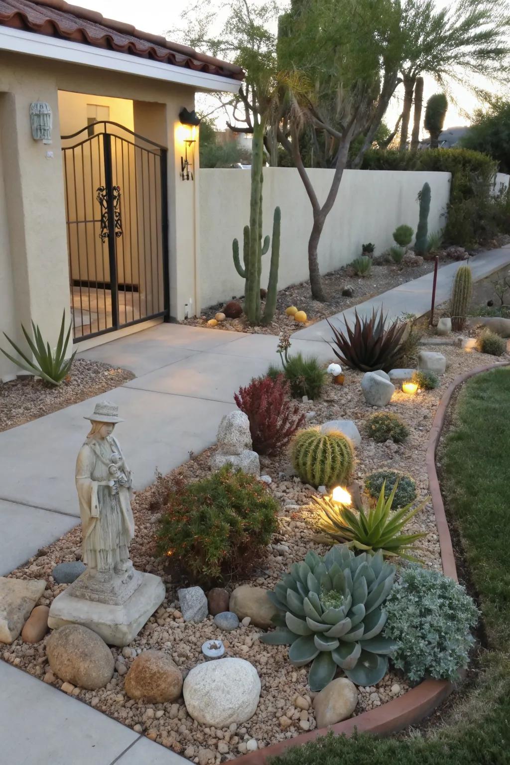 Art pieces add a personal touch to a xeriscape garden.
