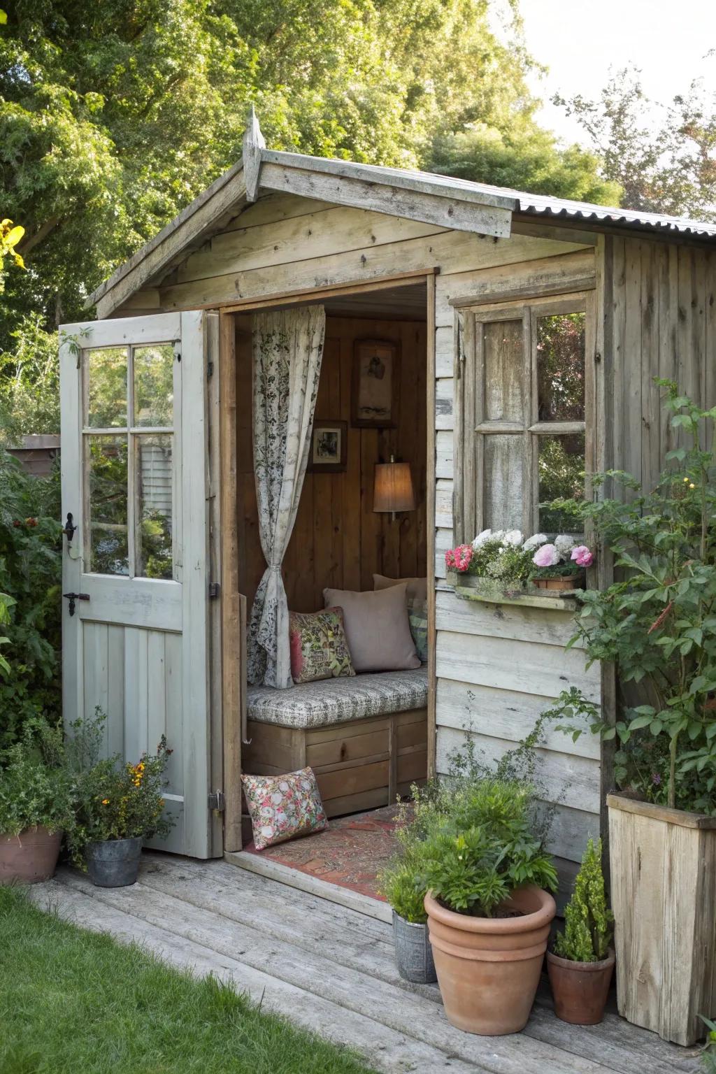 A charming garden shed retreat for relaxation.
