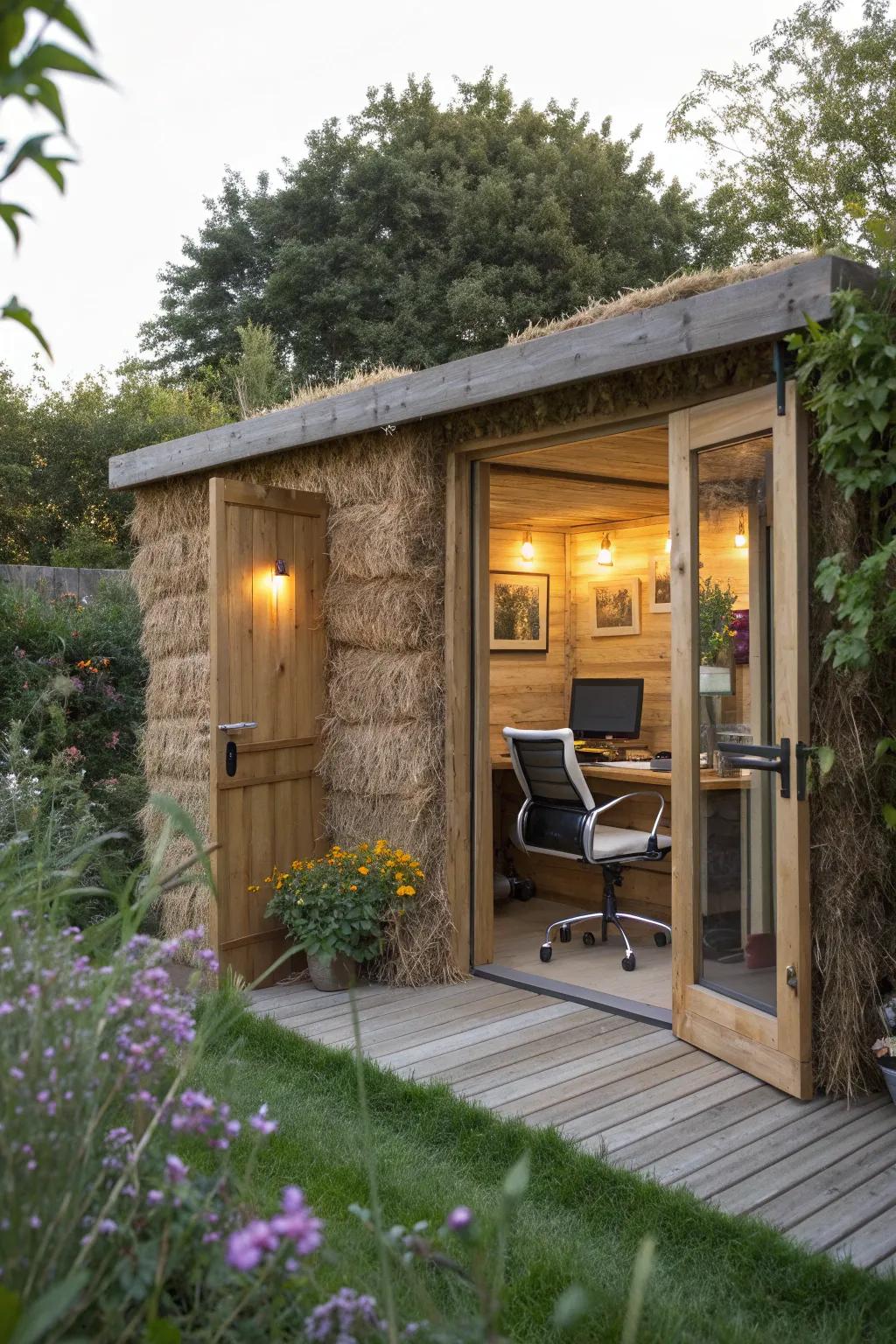 Straw bales provide a unique and eco-friendly office solution.