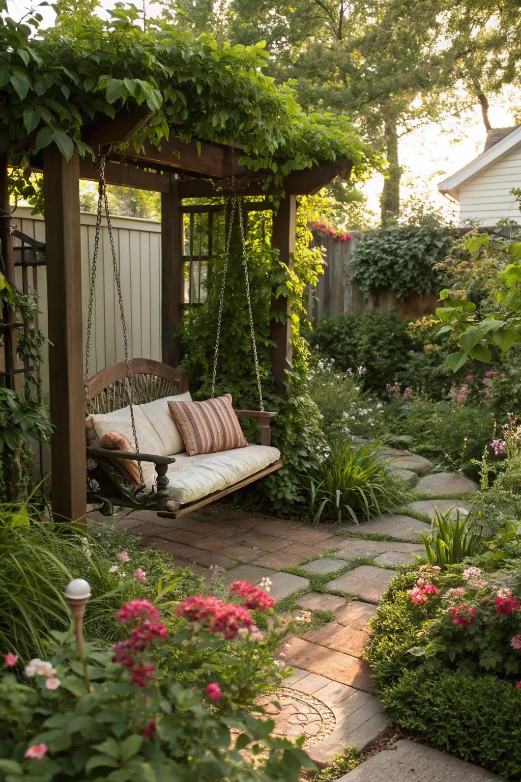 Swing seats add a playful and relaxing element to gardens.