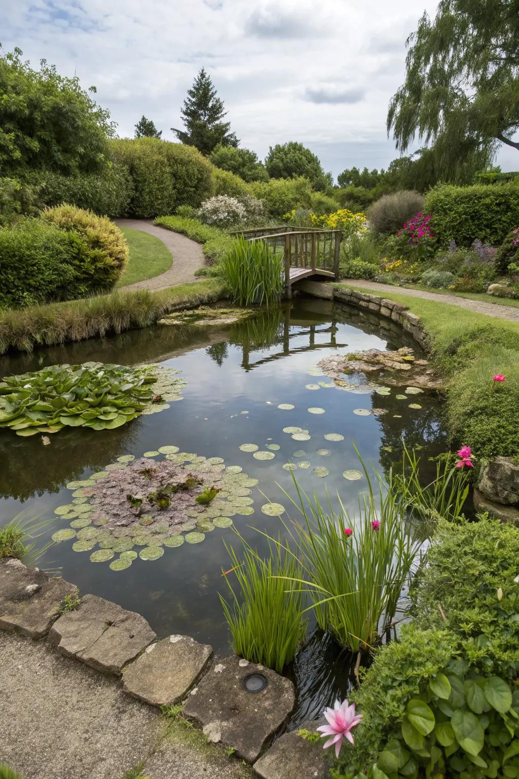 A mini pond brings tranquility to compact spaces.