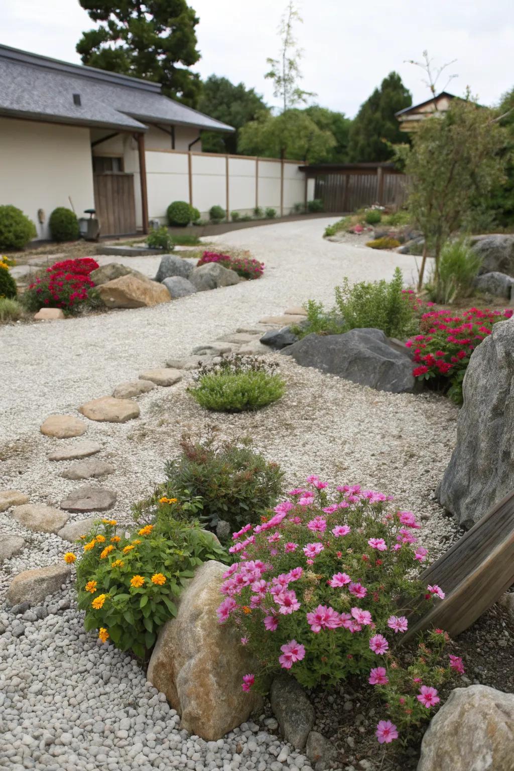 Plant pockets add bursts of color and life to gravel gardens.