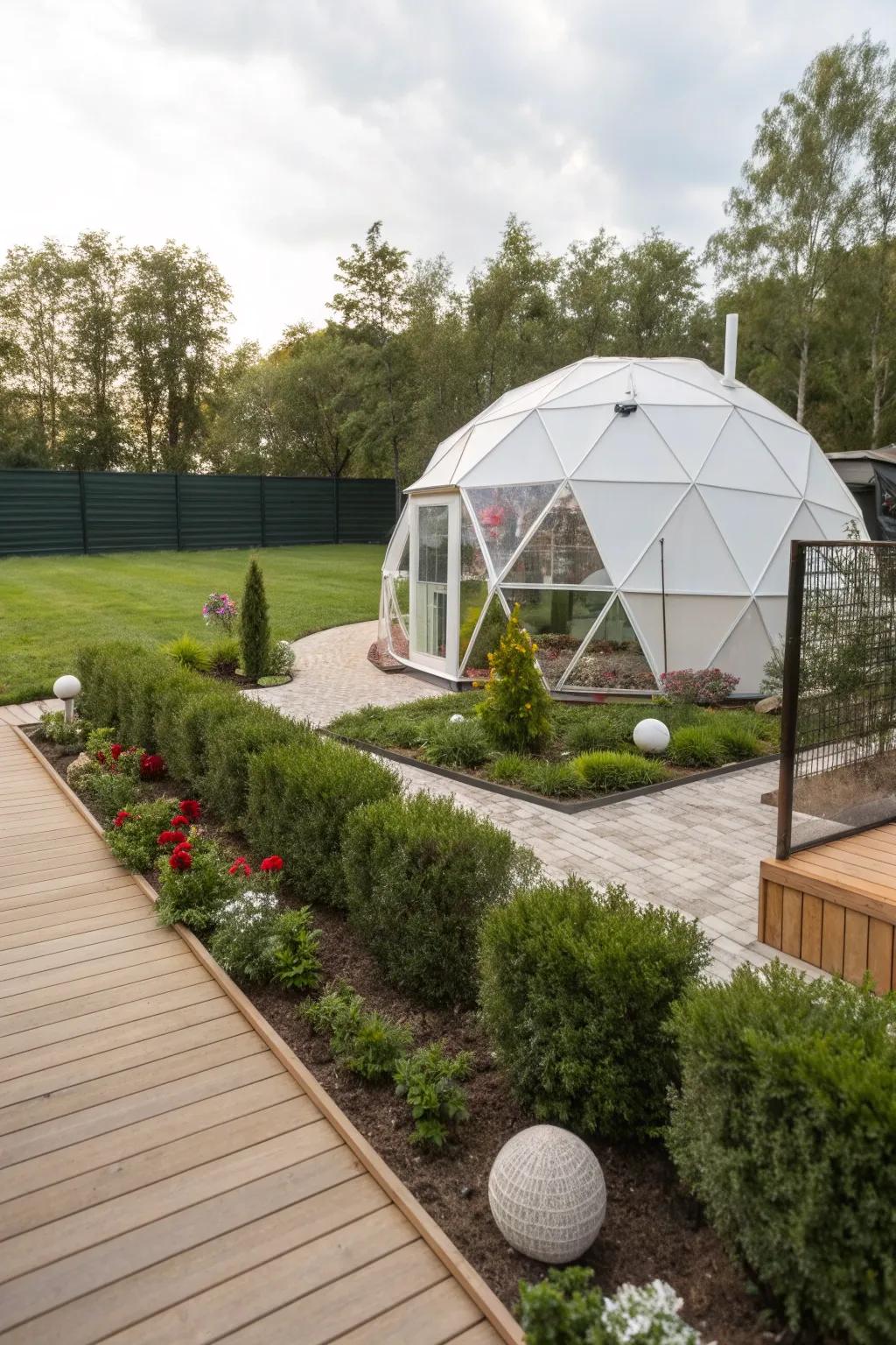 A striking geodesic dome greenhouse enhancing a modern garden.