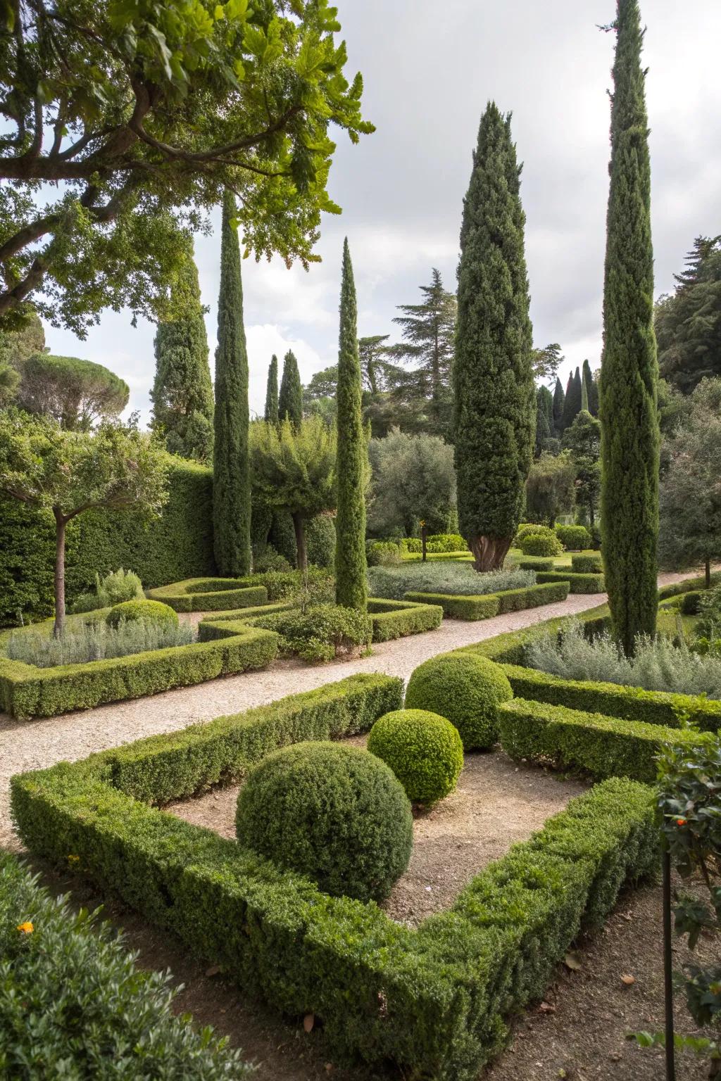 Boxwood hedges and cypress trees offer year-round greenery.