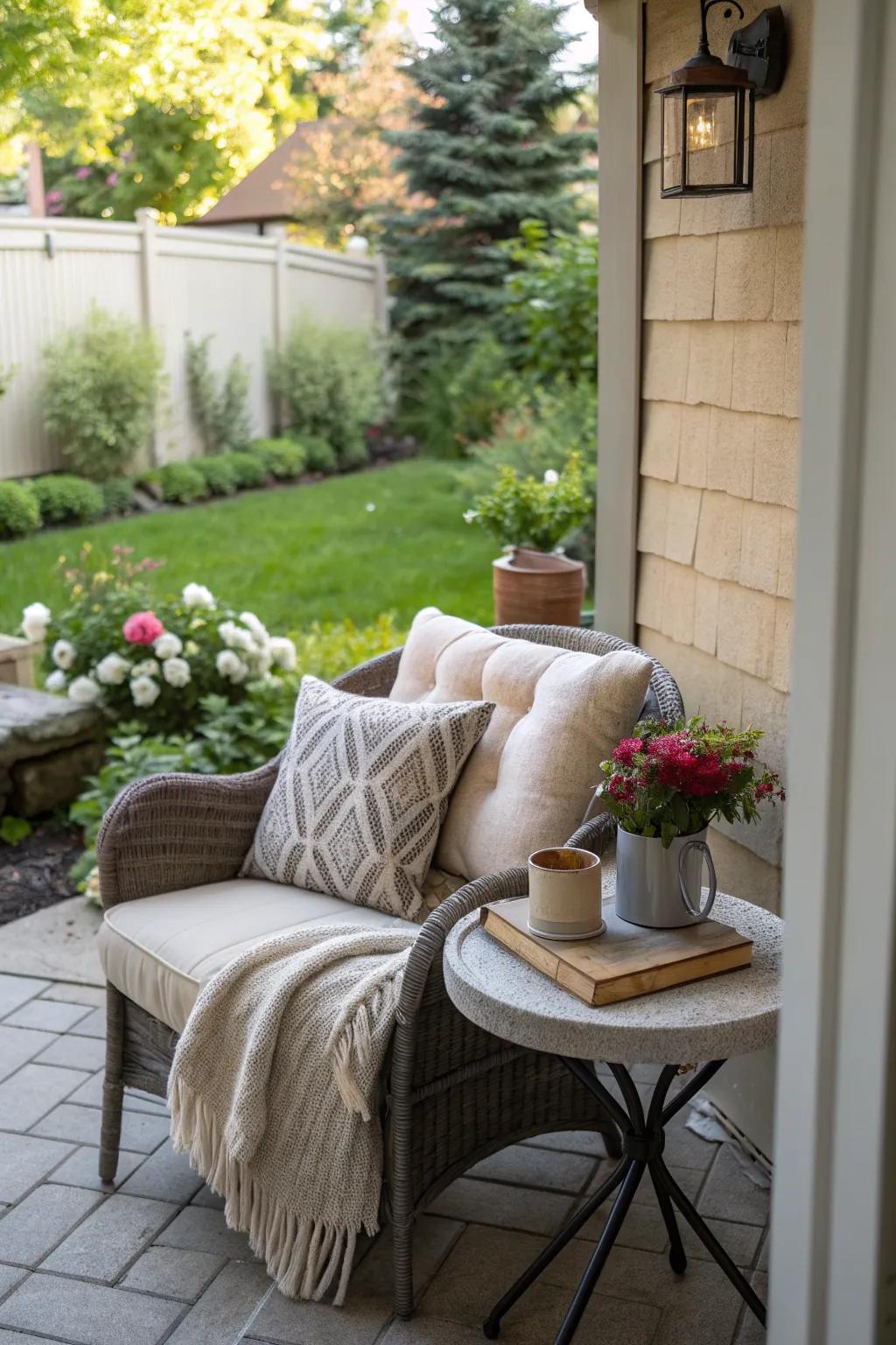 A cozy nook for relaxation on a small Mediterranean patio.