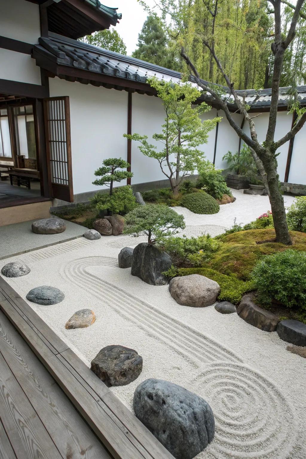 A tranquil Zen garden offers a peaceful retreat.