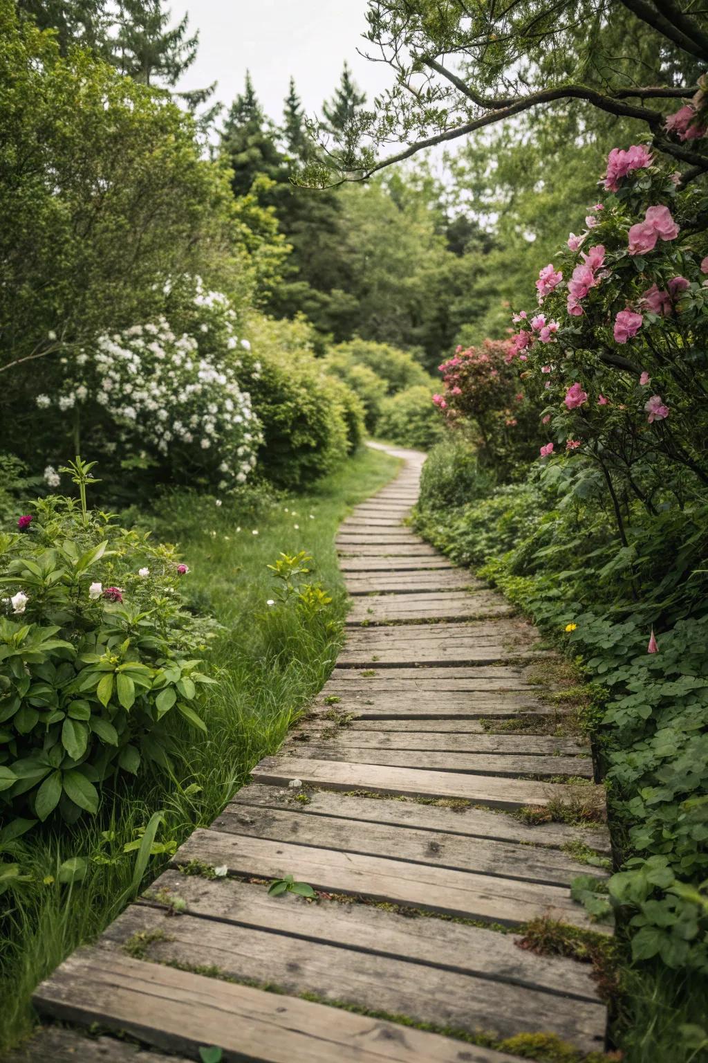 A rustic path created with natural wood planks.
